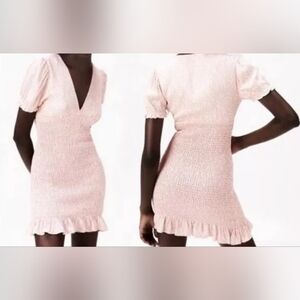 Zara Textured Printed Dress White Pink Floral Mini Sz. M